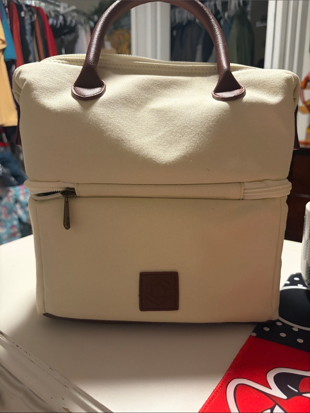 Oniva Canvas Lunch Tote Bag with Brown Trim - Cream